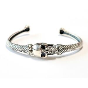 Edgy Sterling Silver Skull Cuff Bracelet, Textured Snake & Bone Design, Adjustab